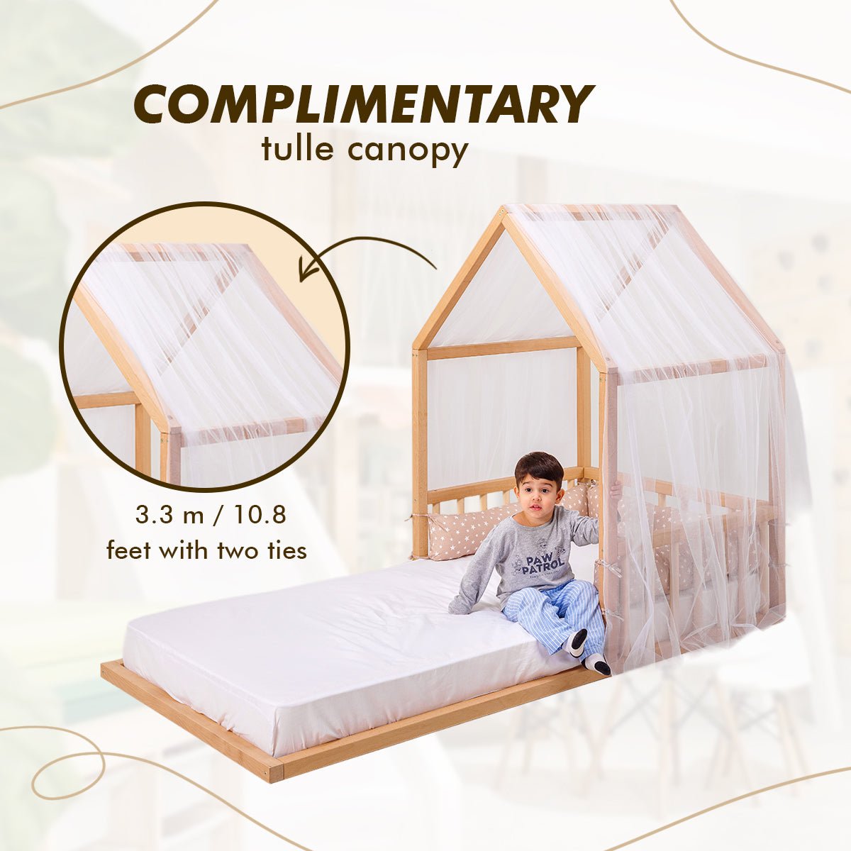Small Wooden Montessori House Floor Bed with Fence and Roof for Kids (Twin - 75x38 inch) - The Baby Penguin