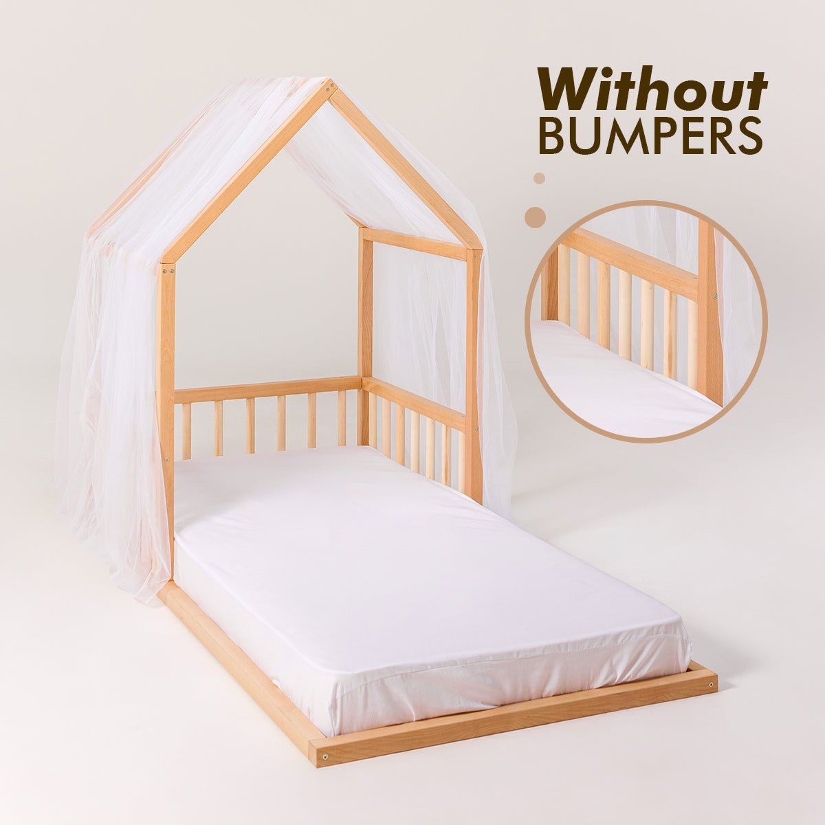 Small Wooden Montessori House Floor Bed with Fence and Roof for Kids (Twin - 75x38 inch) - The Baby Penguin