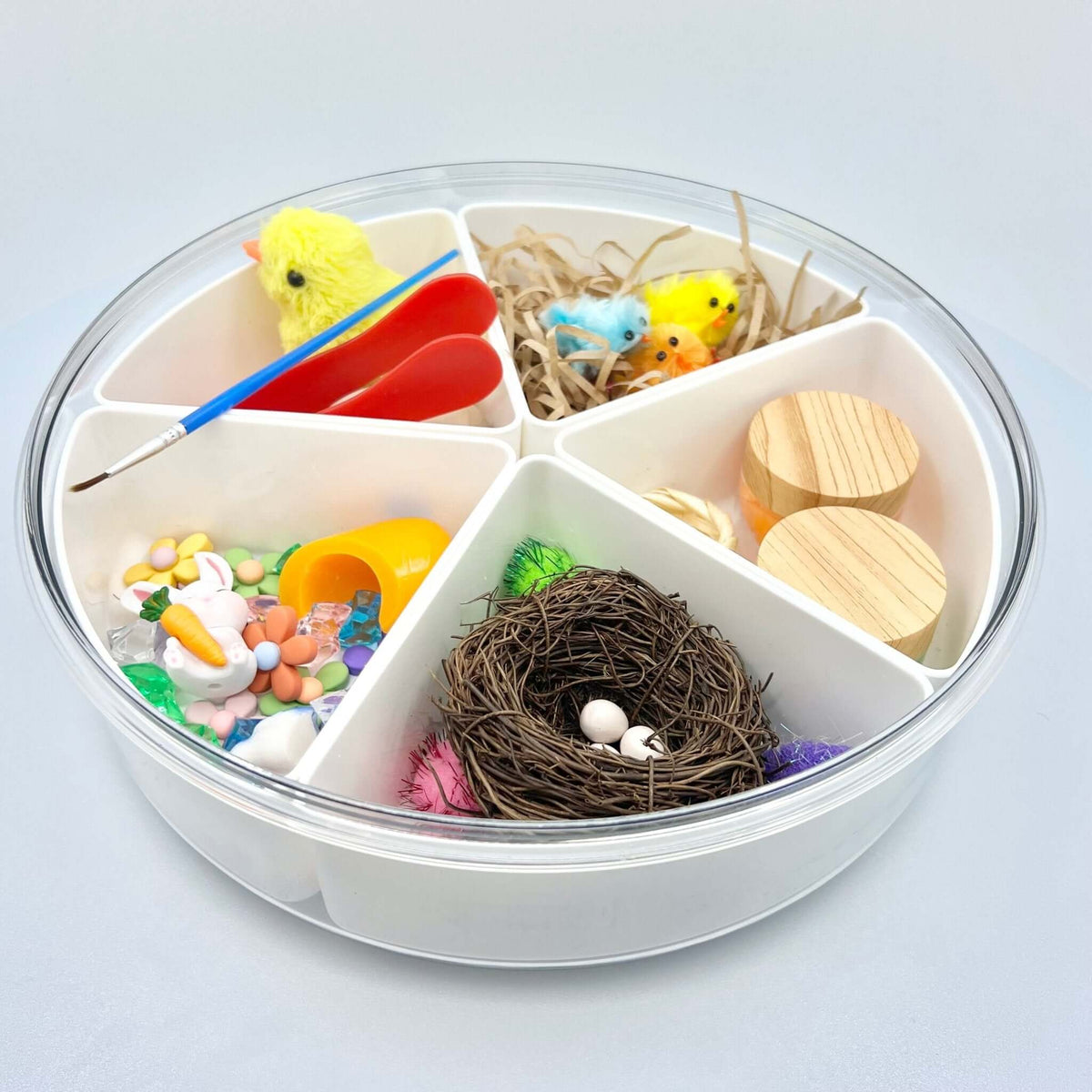 Spring Garden playdough set packed for storage; the pictured carrot house is not included