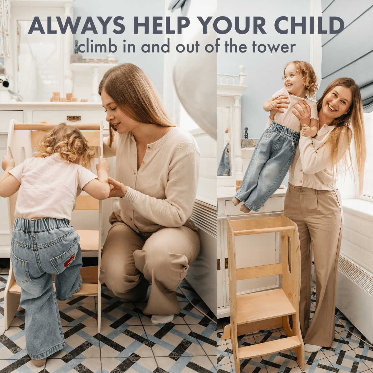 Stable Montessori Learning Tower: Wooden Growing Chair - Beige - The Baby Penguin
