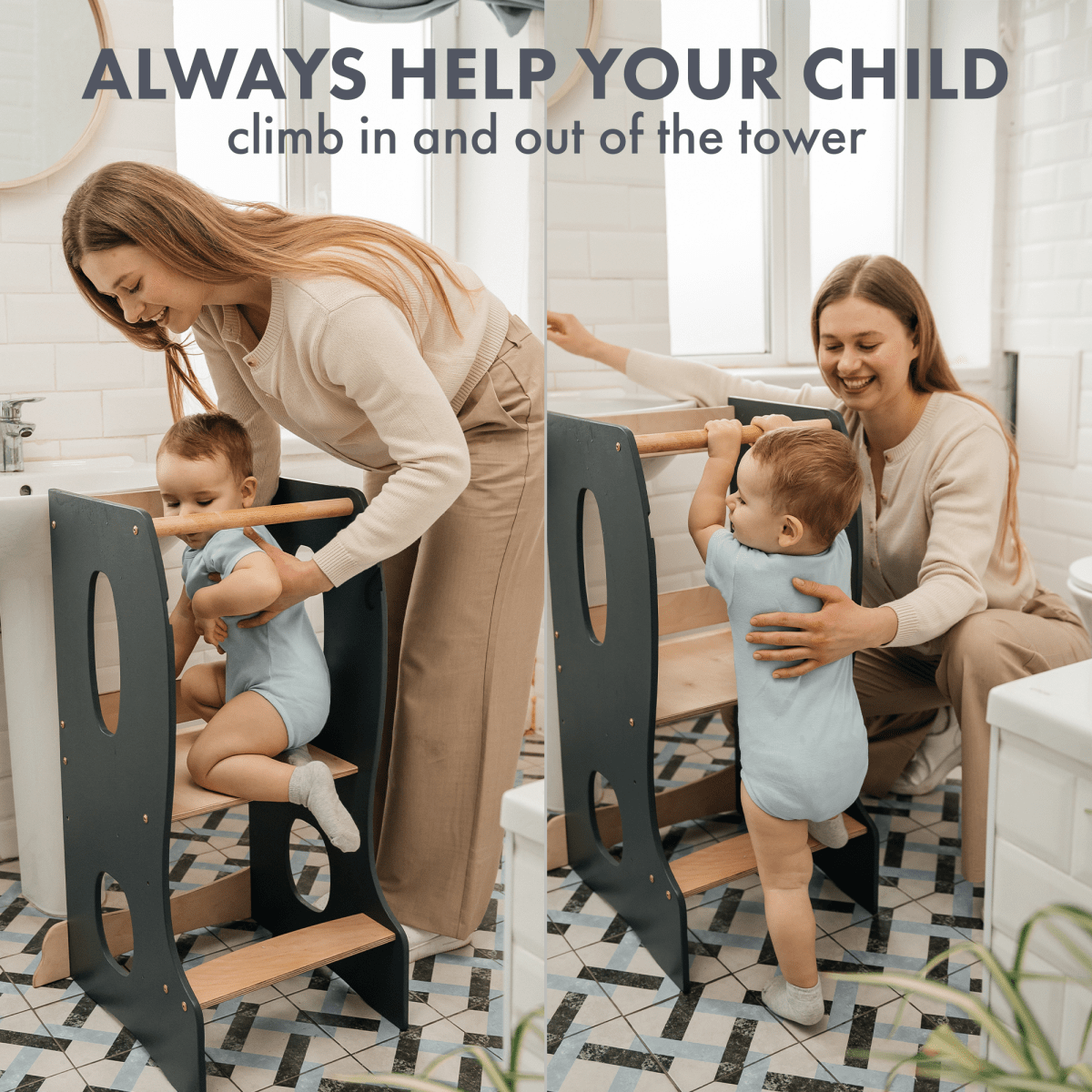 Stable Montessori Learning Tower: Wooden Growing Chair - Grey - The Baby Penguin