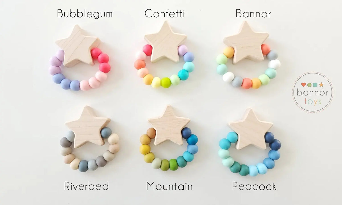 Bannor silicone bead color chart showing example teether color combinations