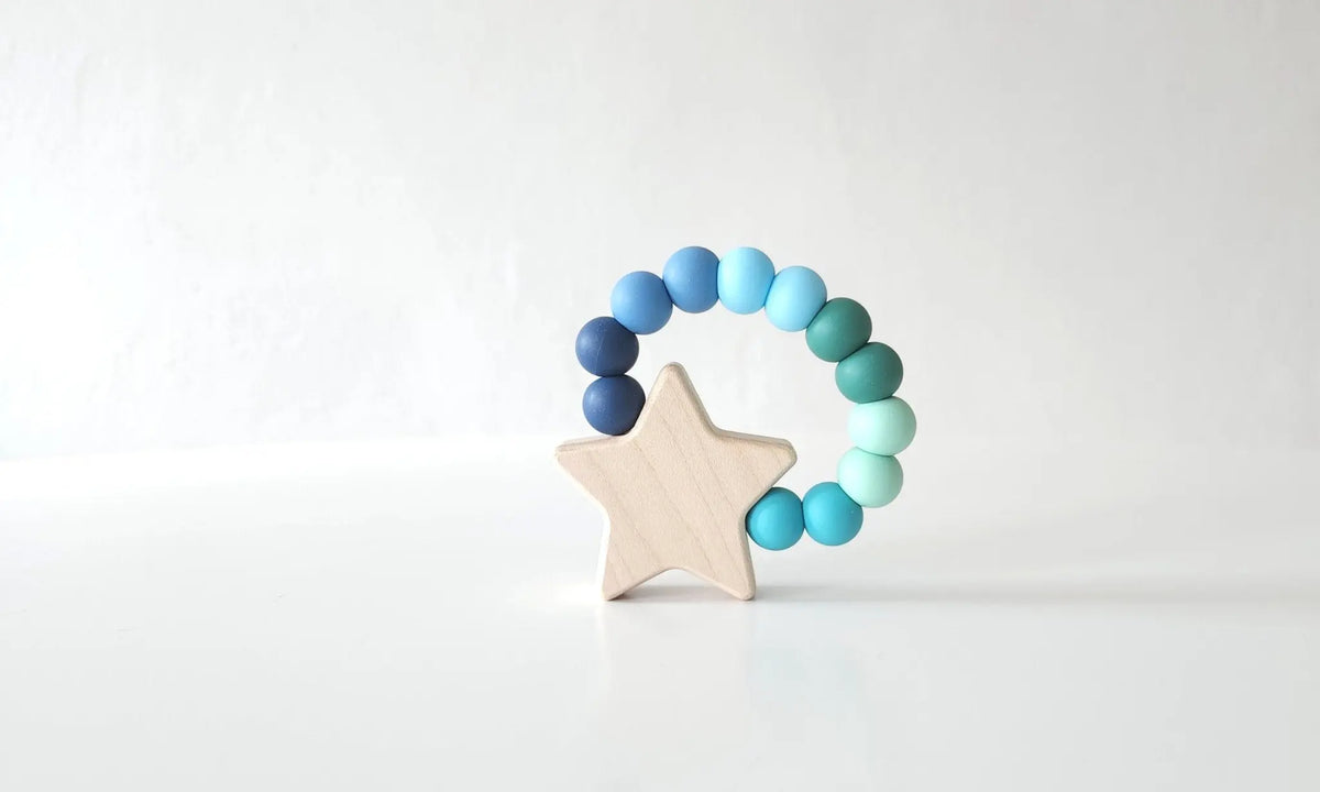 Star Charm Teether with blue and green silicone beads