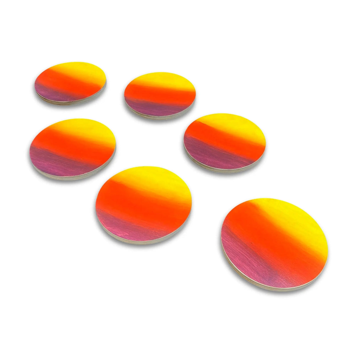 Six round stepping stones with yellow, orange, red and purple gradients, arranged on white.