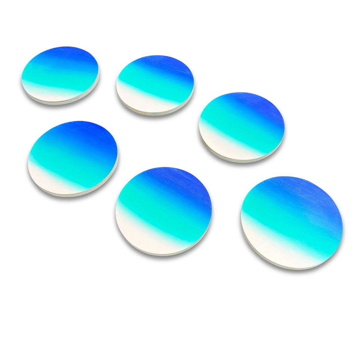 Six round stepping stones with blue, teal and white gradients, arranged on white.