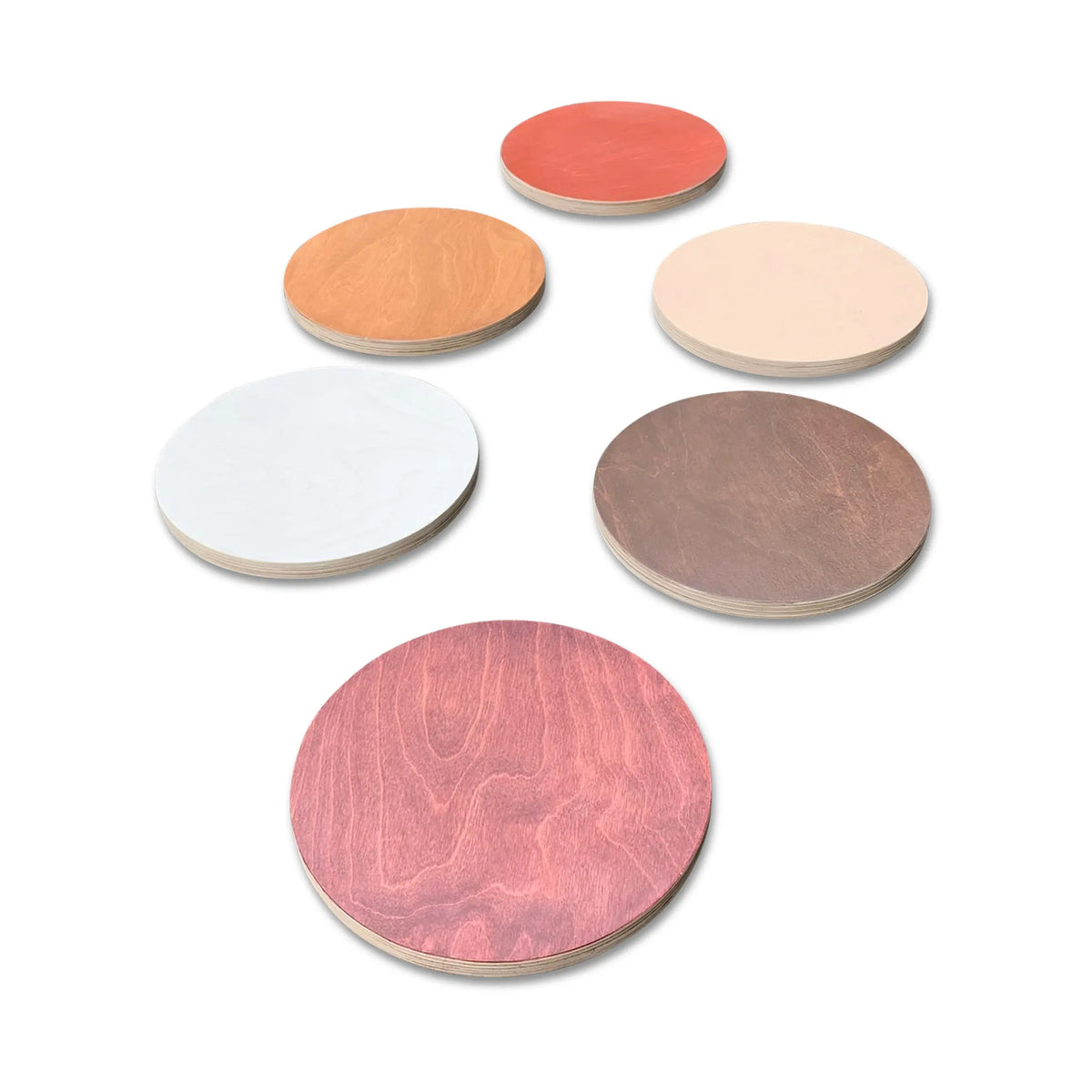 Six round stepping stones in mixed cream, tan, brown and reddish tones, arranged on white.