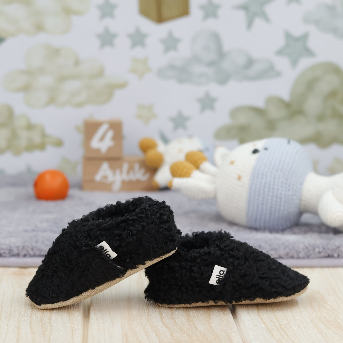 Teddy Baby Booties House Slippers, Non-Slip Sole, Organic Cotton Lining, Home Nursery Shoes, Black - The Baby Penguin