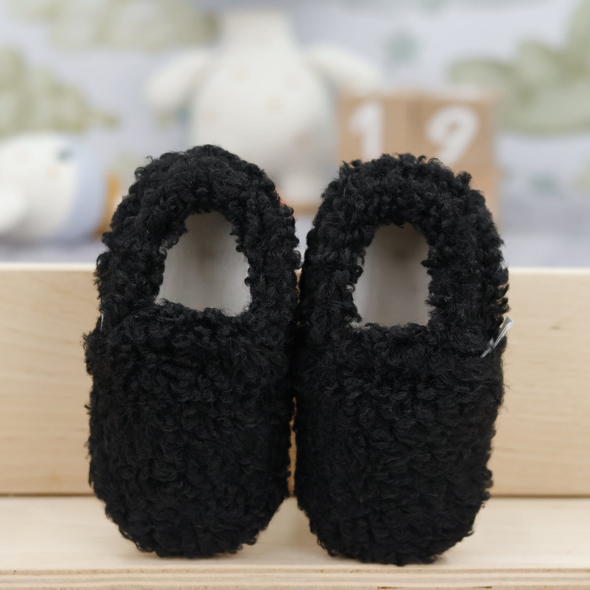 Teddy Baby Booties House Slippers, Non-Slip Sole, Organic Cotton Lining, Home Nursery Shoes, Black - The Baby Penguin