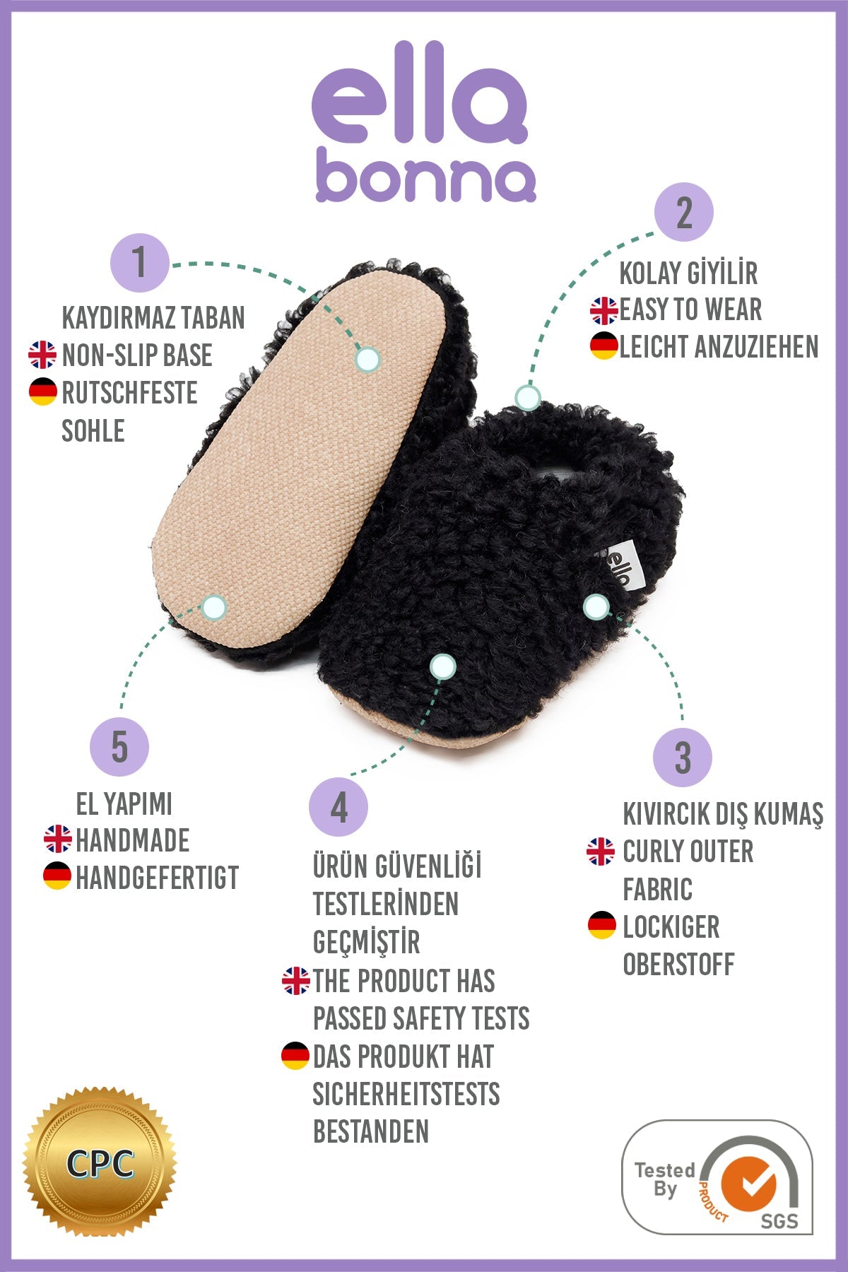 Teddy Baby Booties House Slippers, Non-Slip Sole, Organic Cotton Lining, Home Nursery Shoes, Black - The Baby Penguin