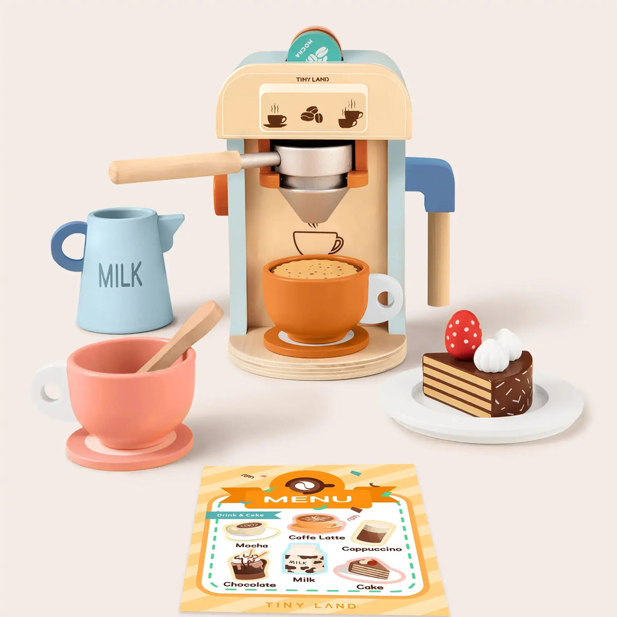 Tiny Land® Play Kitchen Accessories – Children’s Coffee Maker: Wooden Kids Play Coffee Maker Set | Toy Cookware | The Baby Penguin