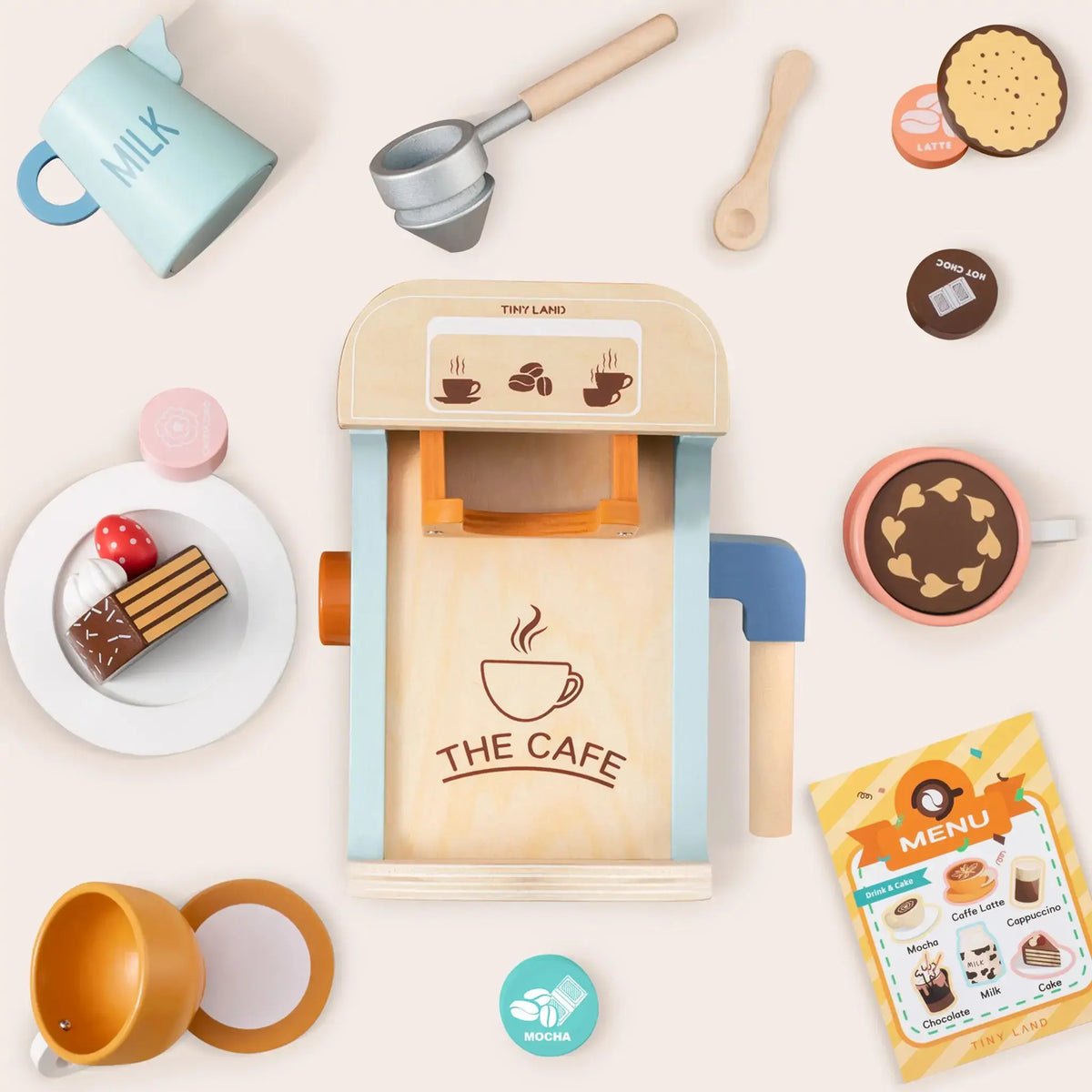 Tiny Land® Play Kitchen Accessories – Children’s Coffee Maker: Wooden Kids Play Coffee Maker Set | Toy Cookware | The Baby Penguin