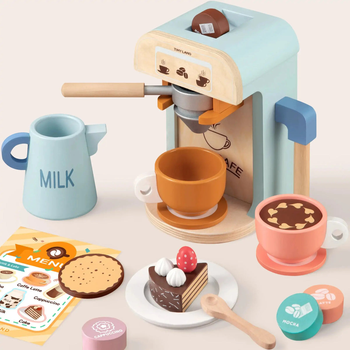 Tiny Land® Play Kitchen Accessories – Children’s Coffee Maker: Wooden Kids Play Coffee Maker Set | Toy Cookware | The Baby Penguin