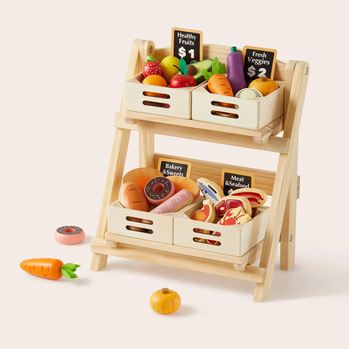 Tiny Land® Play Kitchen Accessories – Play Kitchen Food Storage: Versatile Wooden Rack for Play Food | rack | The Baby Penguin