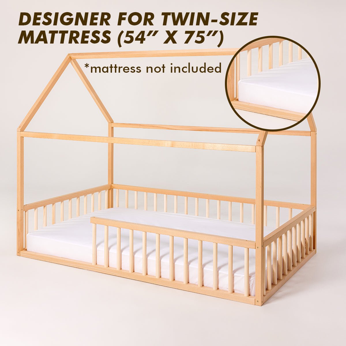 Twin Size Montessori House Bed for Kids with Fence - The Baby Penguin