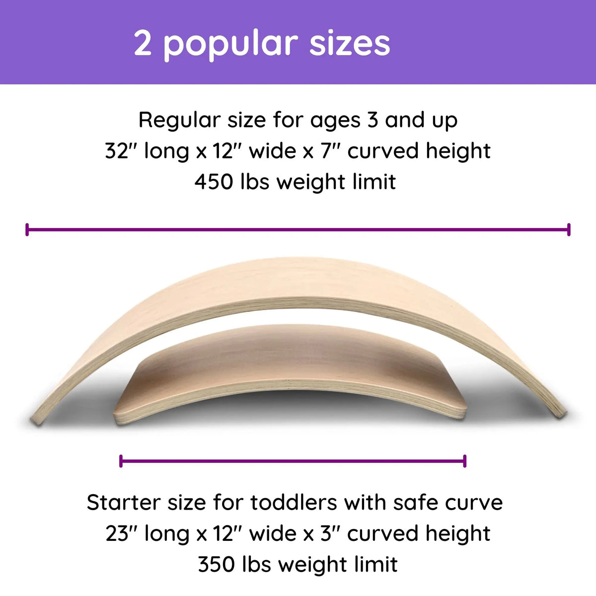 Size graphic labels Regular ages 3+, 32 x 12 x 7 in, 450 lb limit; Starter for toddlers, 23 x 12 x 3 in, 350 lb limit.