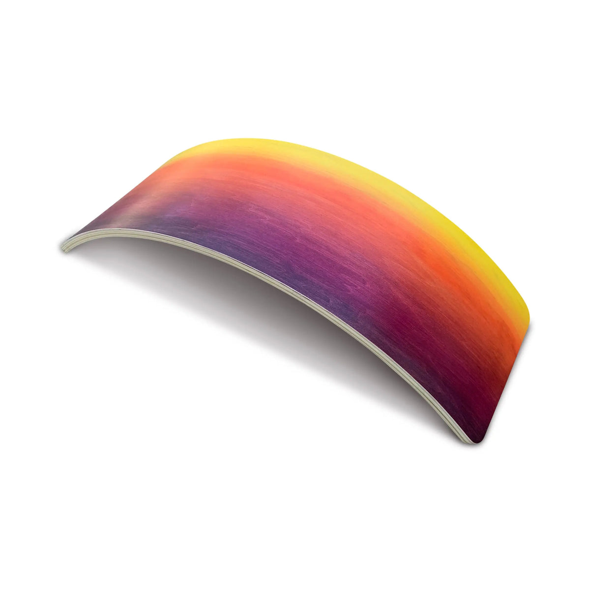 Curved wobble board with a yellow, orange, red and purple gradient, angled arch view.
