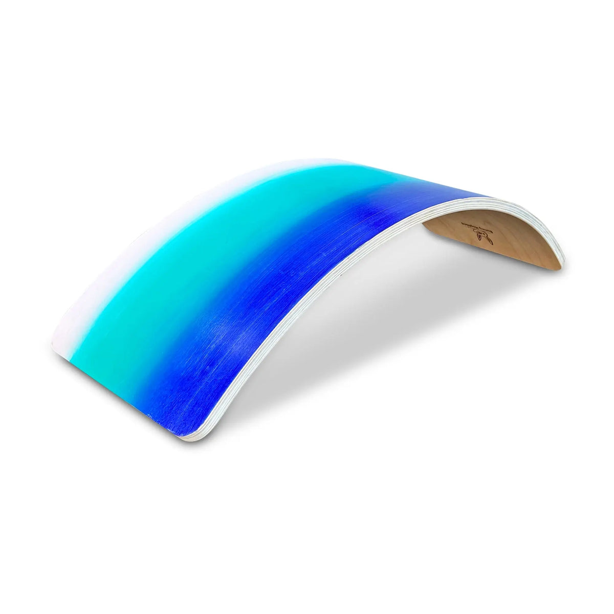Wobble board with a blue, teal and white gradient, angled arch view.