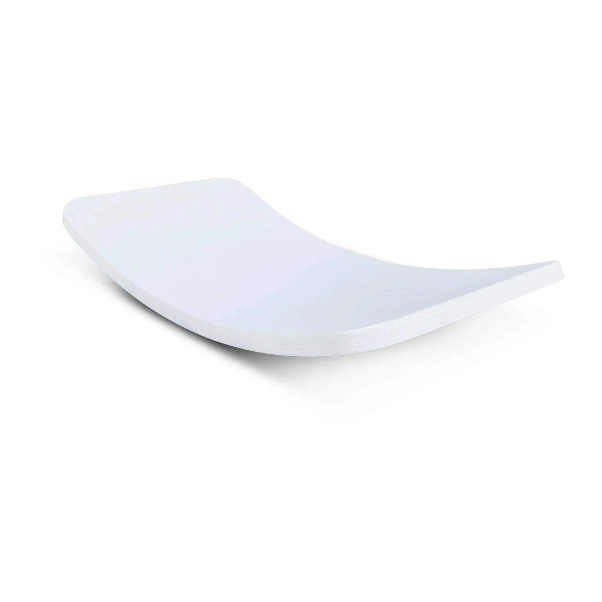 White wobble board with a shallow upward curve, angled view of its concave surface.
