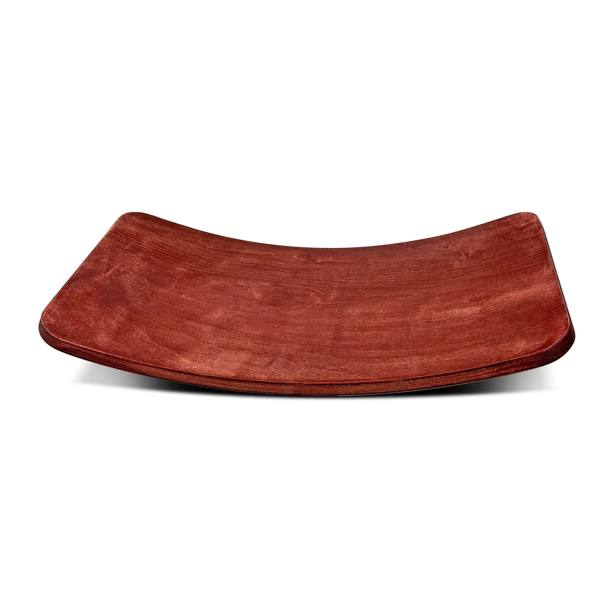 Reddish-brown wobble board with a shallow curve, front view of its concave surface.