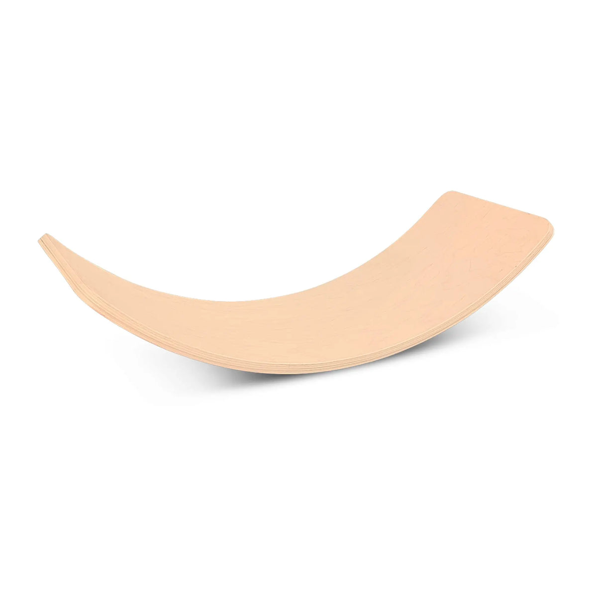 Pale natural-tone wobble board with upturned ends, side view on white.