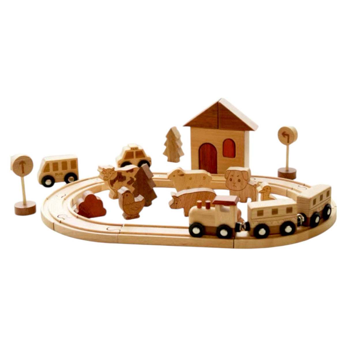32-Piece Natural Wood Farm Train Set by Green Elephant Home and Toys – alternate view 2
