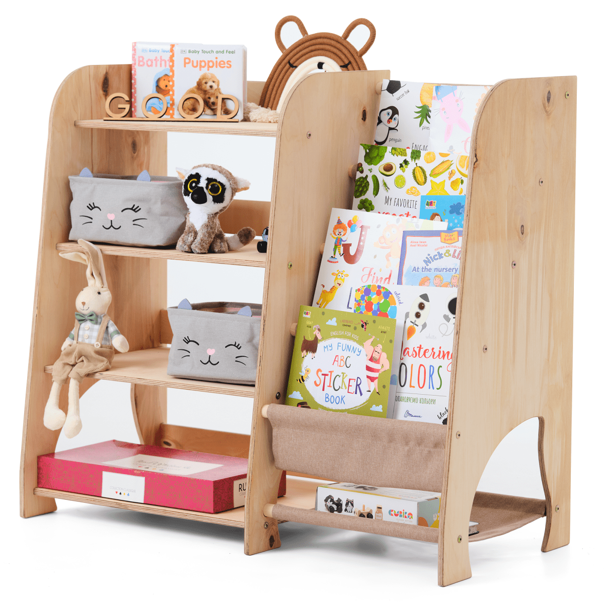Wooden Montessori Shelves for Toddler 2in1: Bookshelf & Toy Shelving - The Baby Penguin
