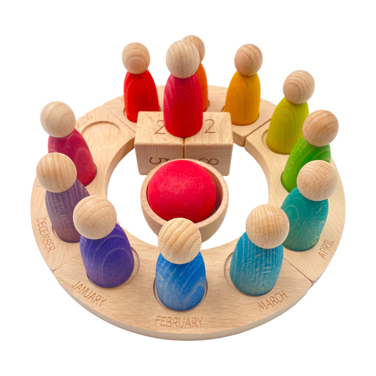 Wooden Perpetual Calendar with 12 Rainbow Peg Figures – view 4