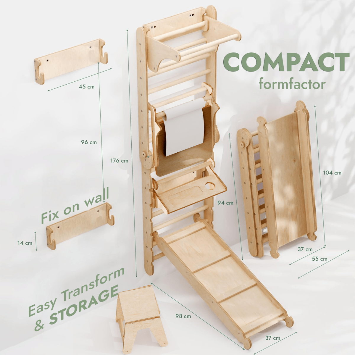 Wooden Swedish Wall / Climbing ladder for Children + Swing Set + Slide Board + Art Add-on - The Baby Penguin