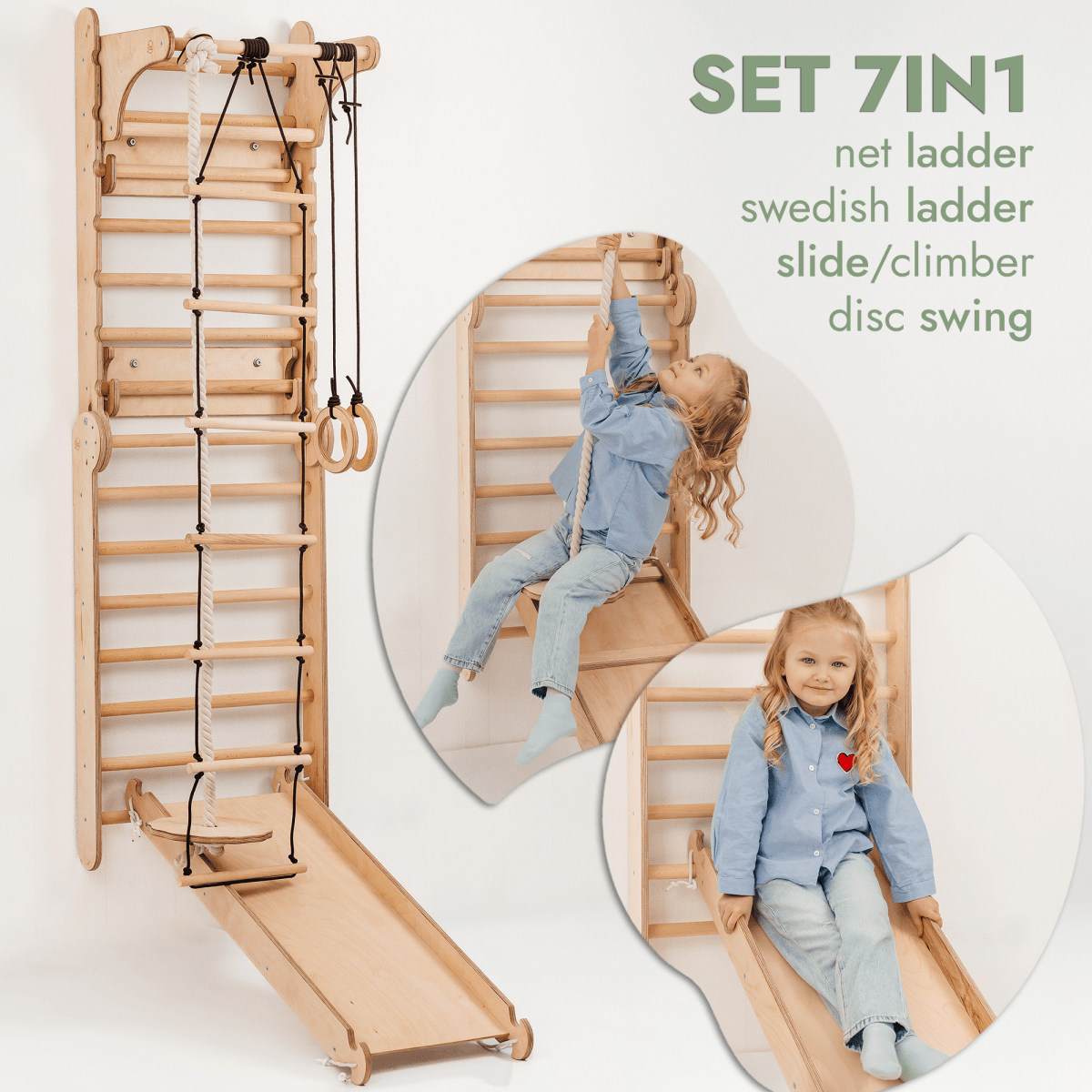 Wooden Swedish Wall / Climbing ladder for Children + Swing Set + Slide Board + Art Add-on - The Baby Penguin
