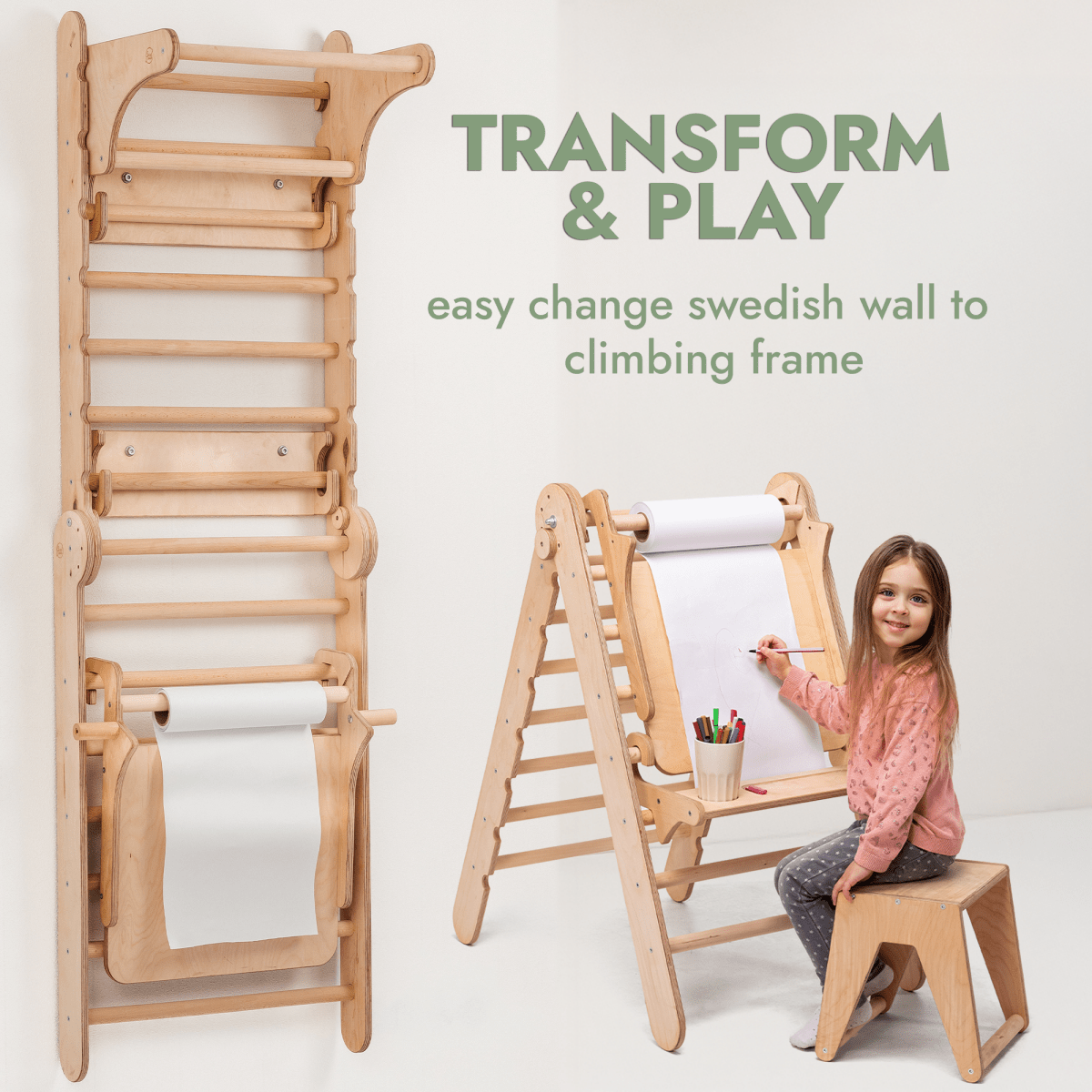 Wooden Swedish Wall / Climbing ladder for Children + Swing Set + Slide Board + Art Add-on - The Baby Penguin