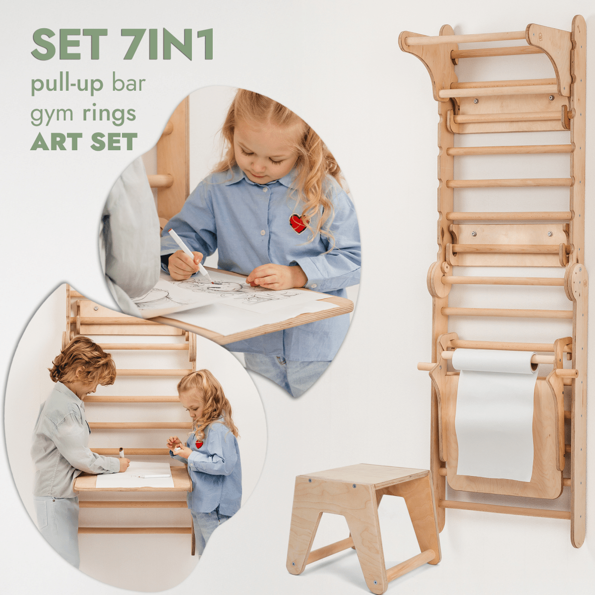 Wooden Swedish Wall / Climbing ladder for Children + Swing Set + Slide Board + Art Add-on - The Baby Penguin