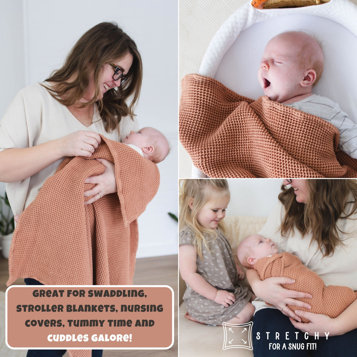 SpiritnSprout: Collage of the cinnamon blanket during caregiver cuddles and baby use