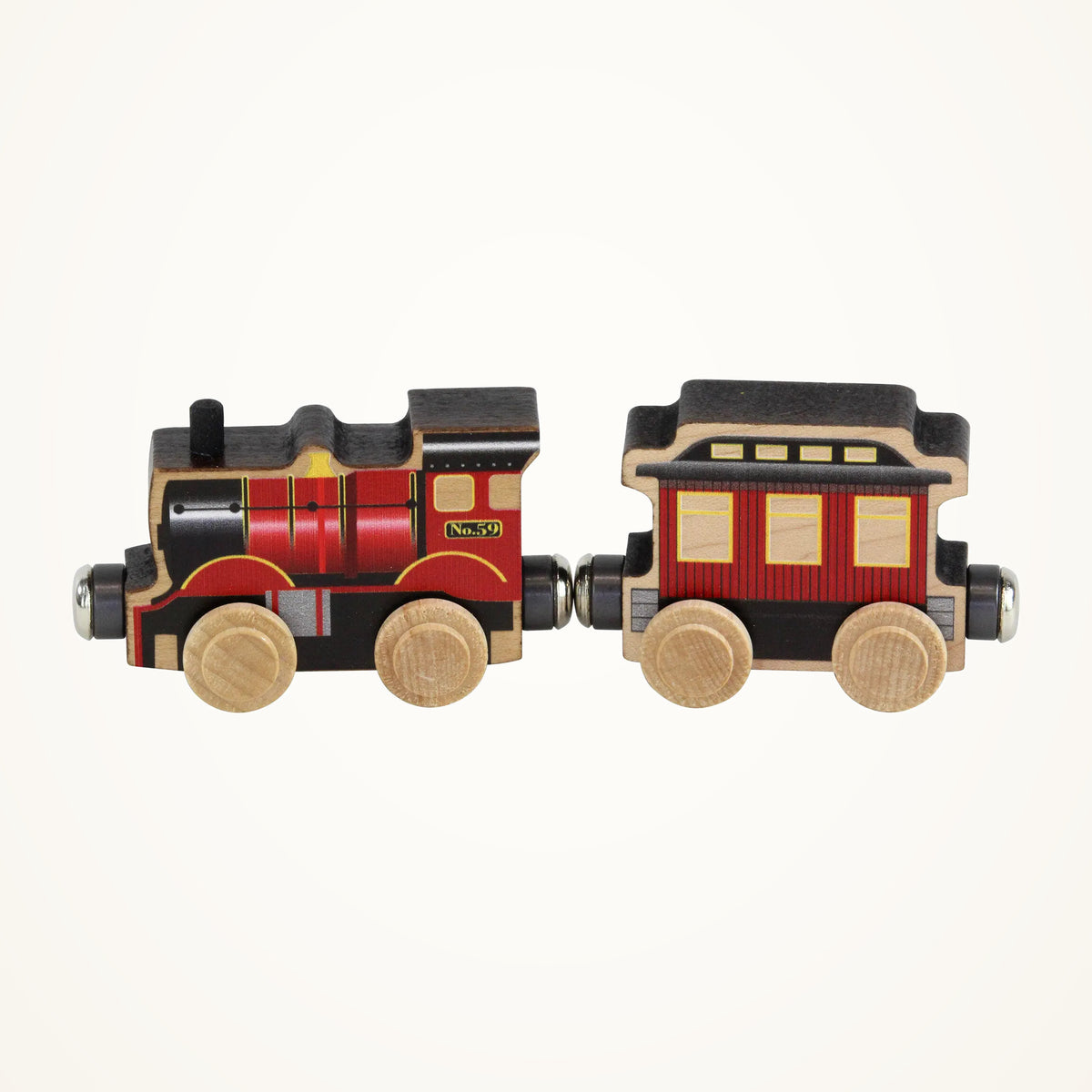 Maple Landmark NameTrains Glenfinnan Wooden Train, 2 Pieces photographed on a warm ivory background.
