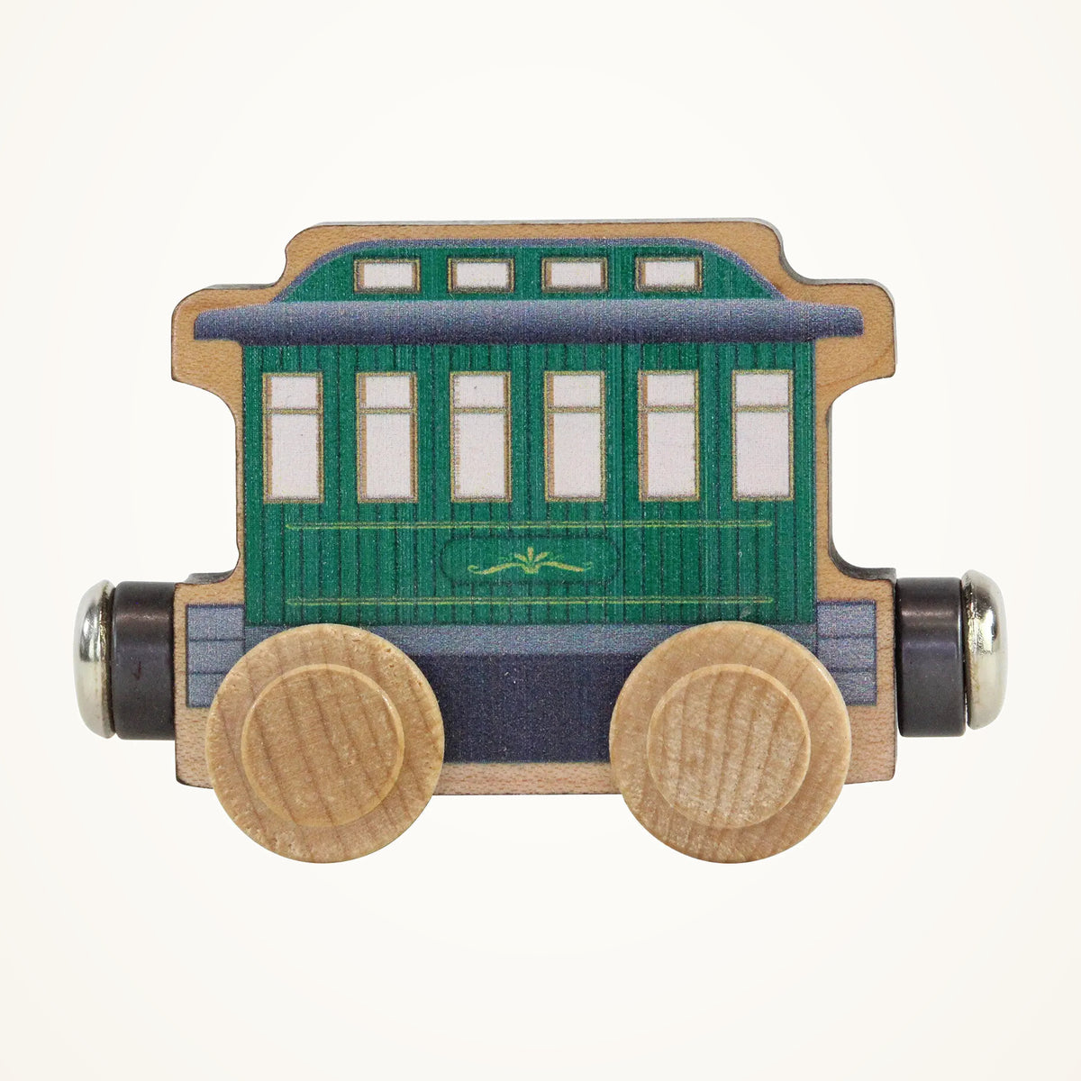 Maple Landmark NameTrains Wooden Passenger Car photographed on a warm ivory background.