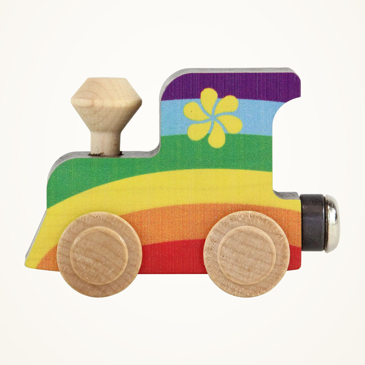 Maple Landmark NameTrains Rainbow Wooden Train Engine on a warm ivory background