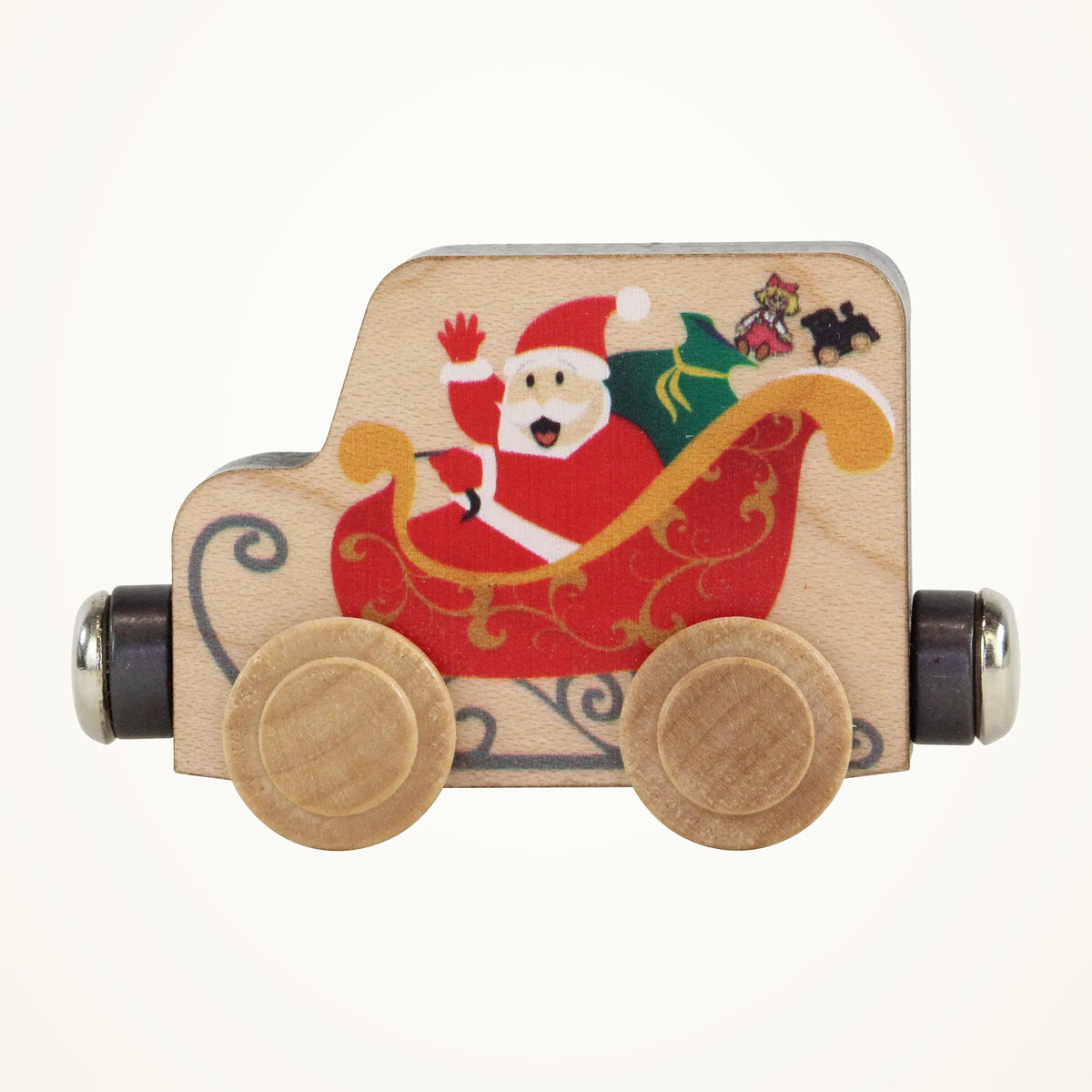 Maple Landmark NameTrains Santa’s Sleigh Wooden Train Car on a warm ivory background