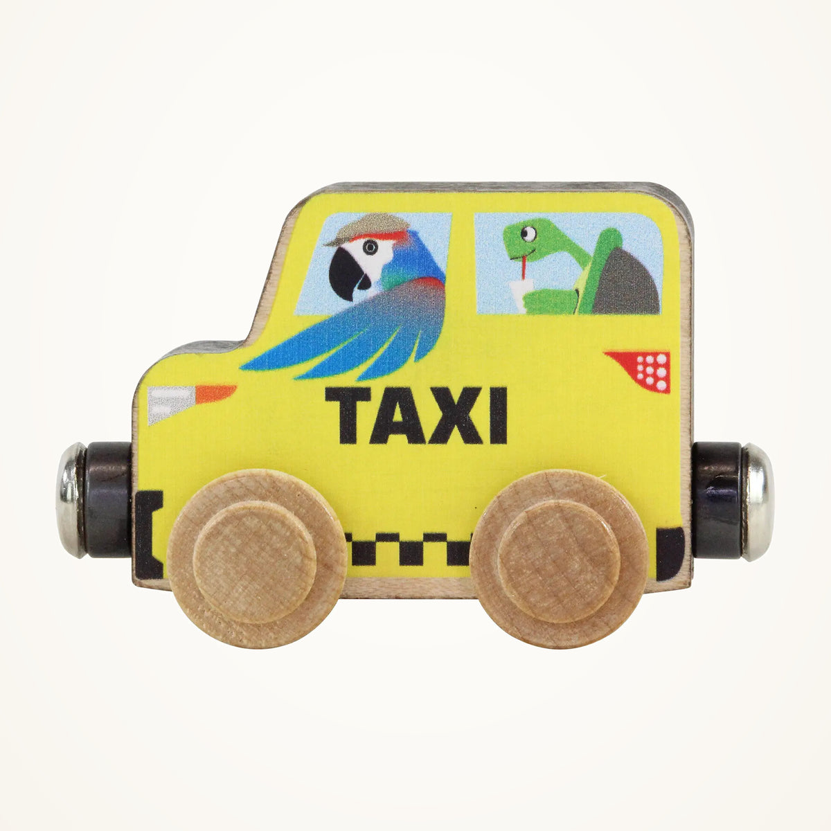 Maple Landmark NameTrains Taxi - Made in USA Trains photographed on a warm ivory background.