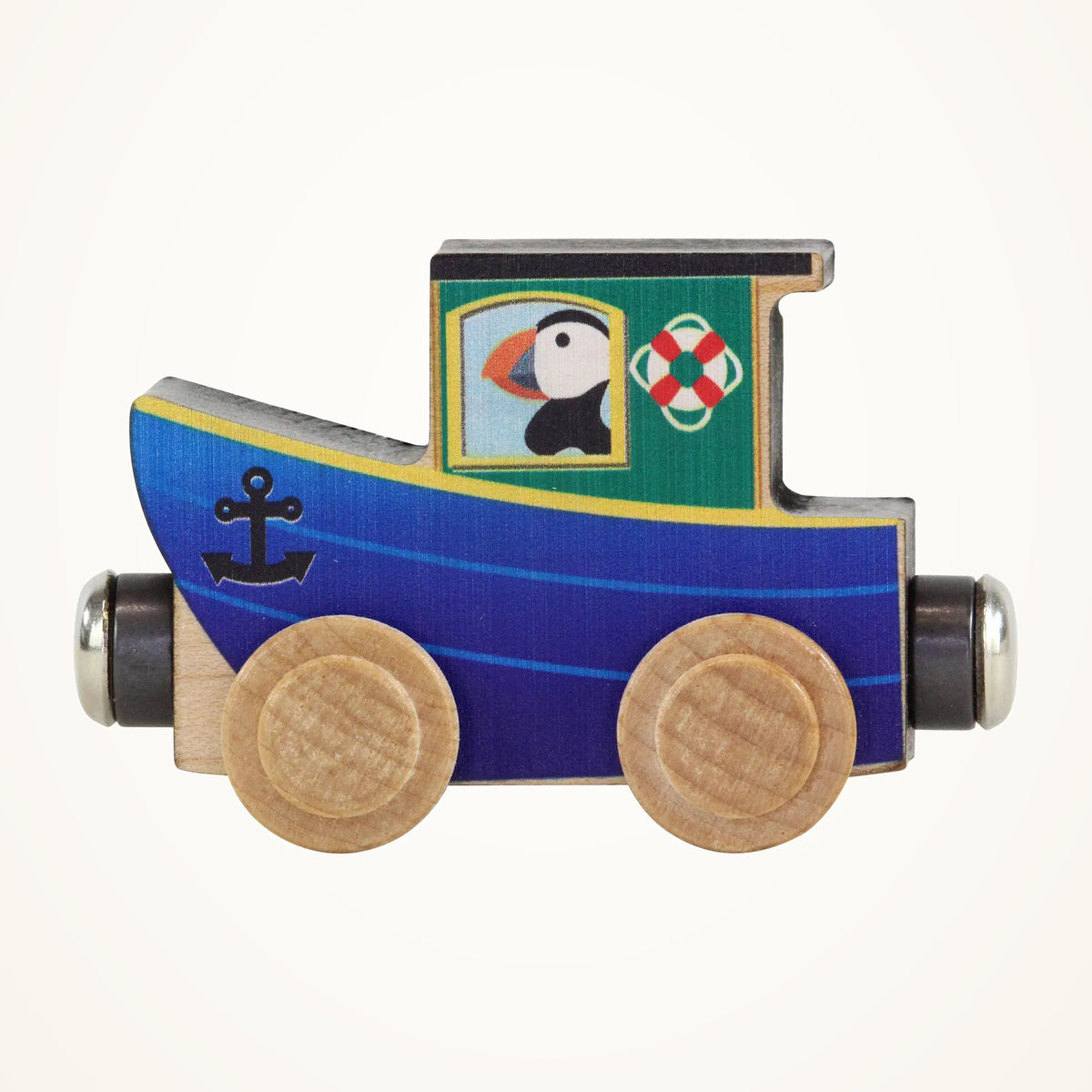 Maple Landmark NameTrains Tug Boat Wooden Train Car photographed on a warm ivory background.