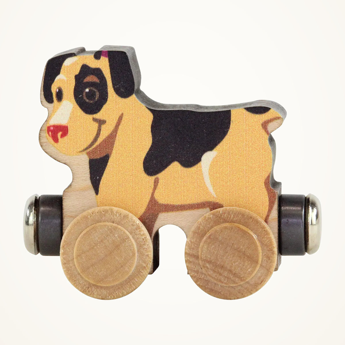 Maple Landmark NameTrains Snickers the Dog Wooden Train Car on a warm ivory background