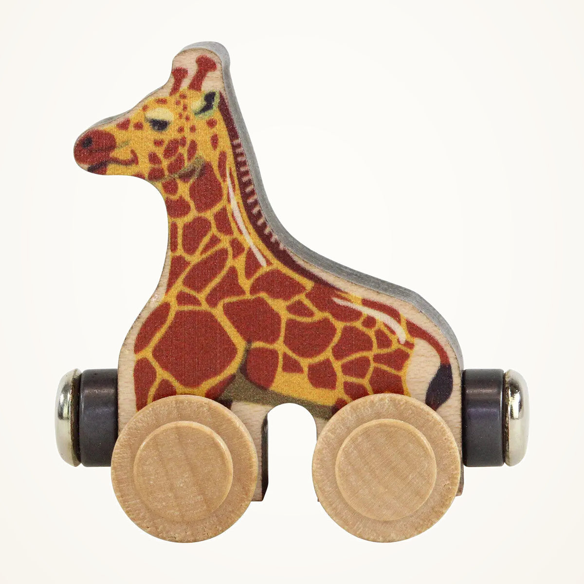 Maple Landmark NameTrains Jordan Giraffe Wooden Train Car photographed on a warm ivory background.
