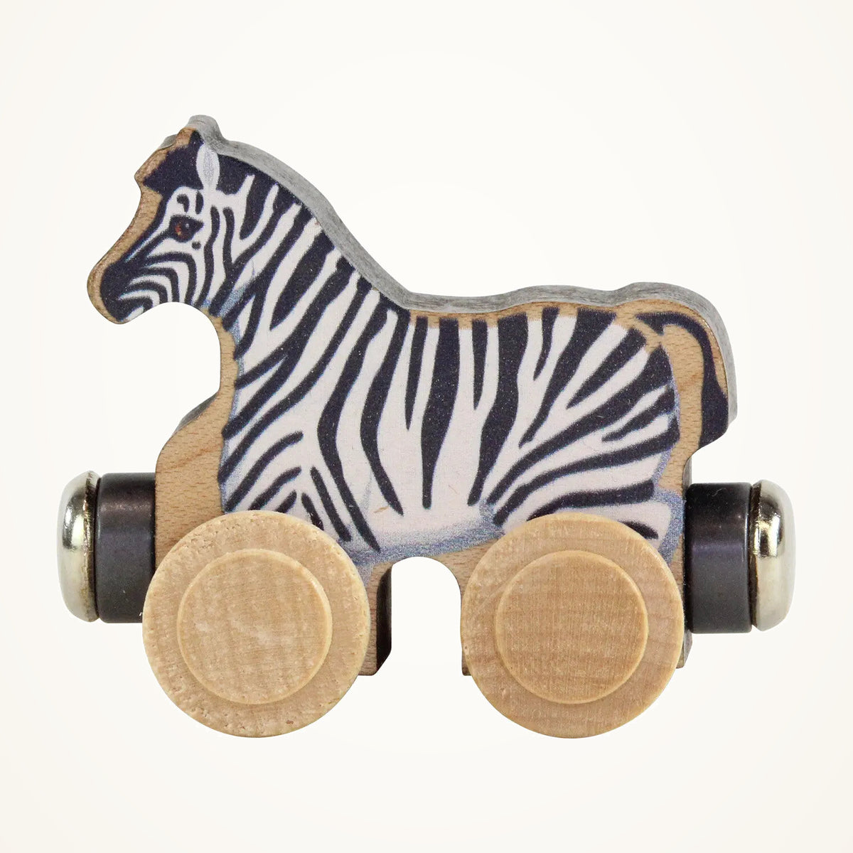 Maple Landmark NameTrains Zoe Zebra Wooden Train Car photographed on a warm ivory background.