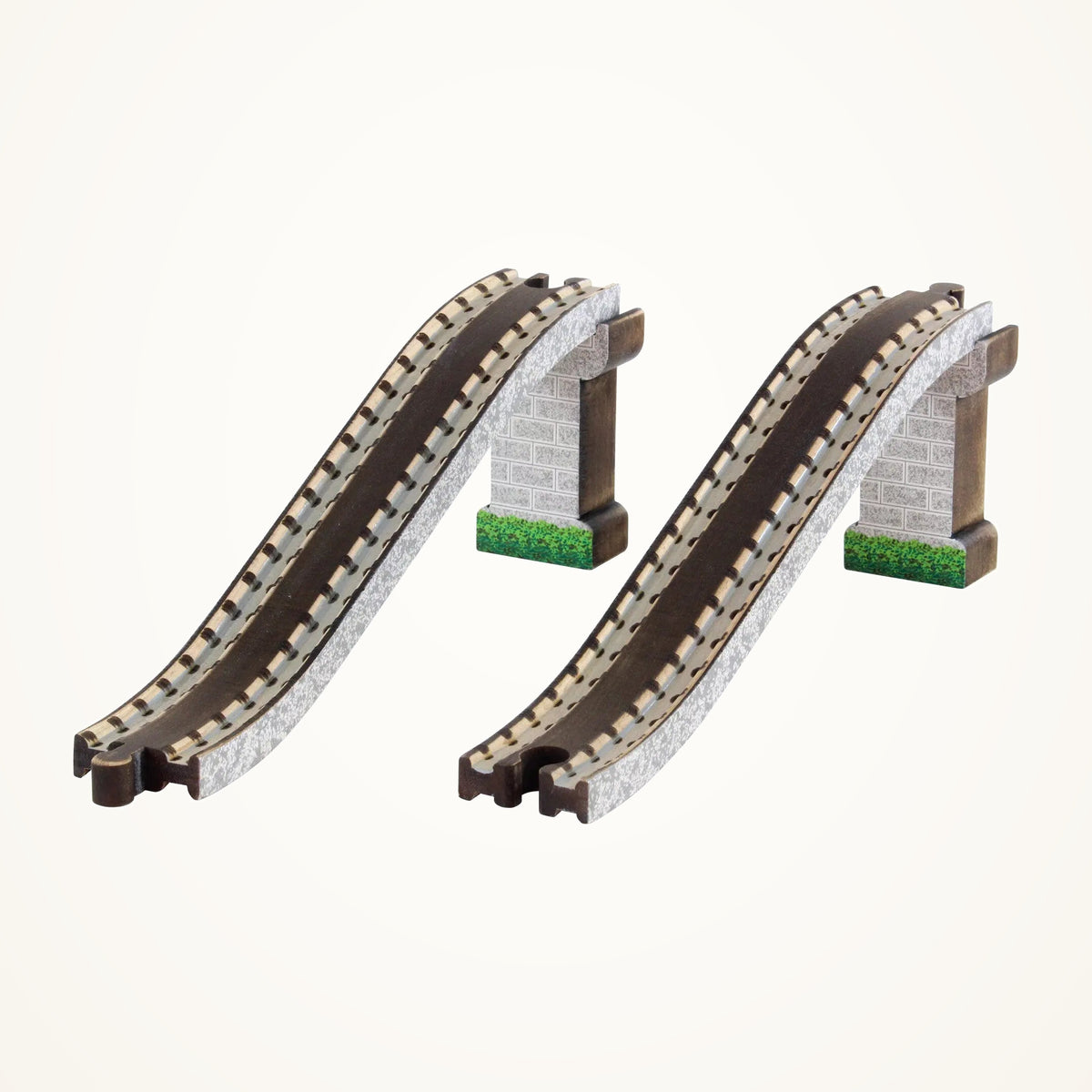 Maple Landmark 4 Piece Bridge Set for Wooden Railway Layout photographed on a warm ivory background.