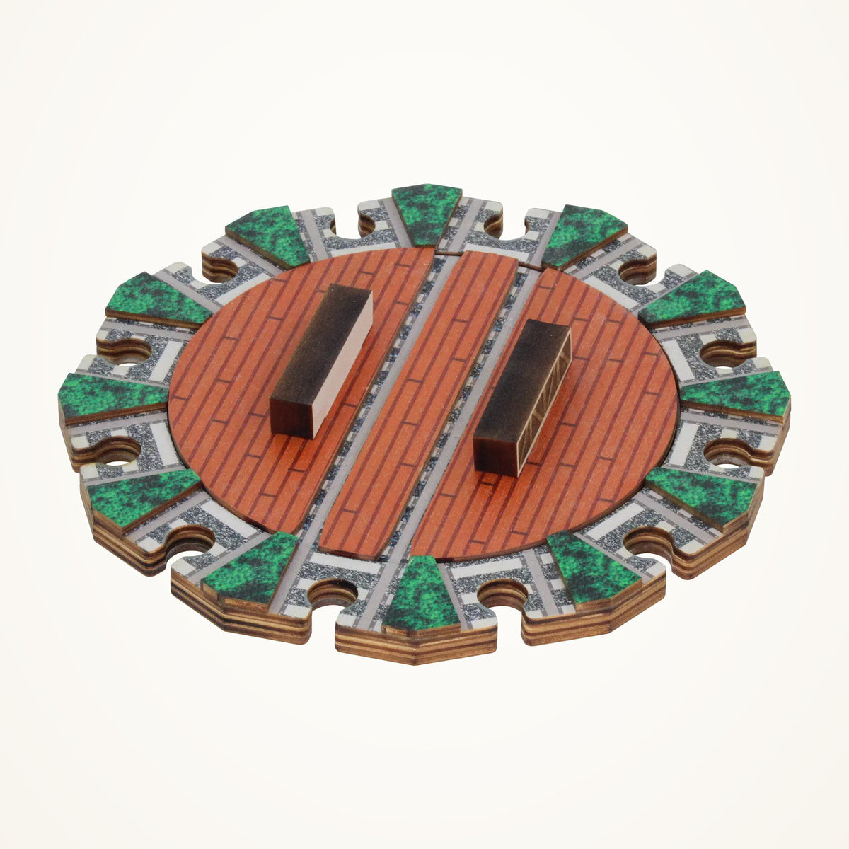 Maple Landmark NameTrains Wooden Track Turntable photographed on a warm ivory background.