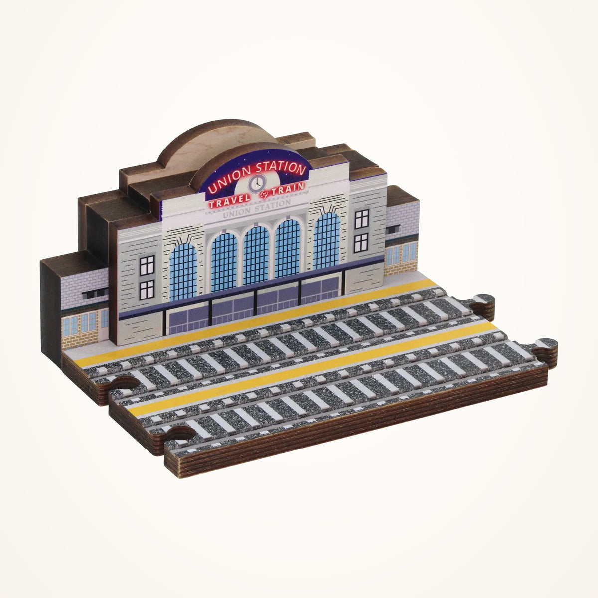 Maple Landmark NameTrains Denver Union Station Wooden Railway Building photographed on a warm ivory background.
