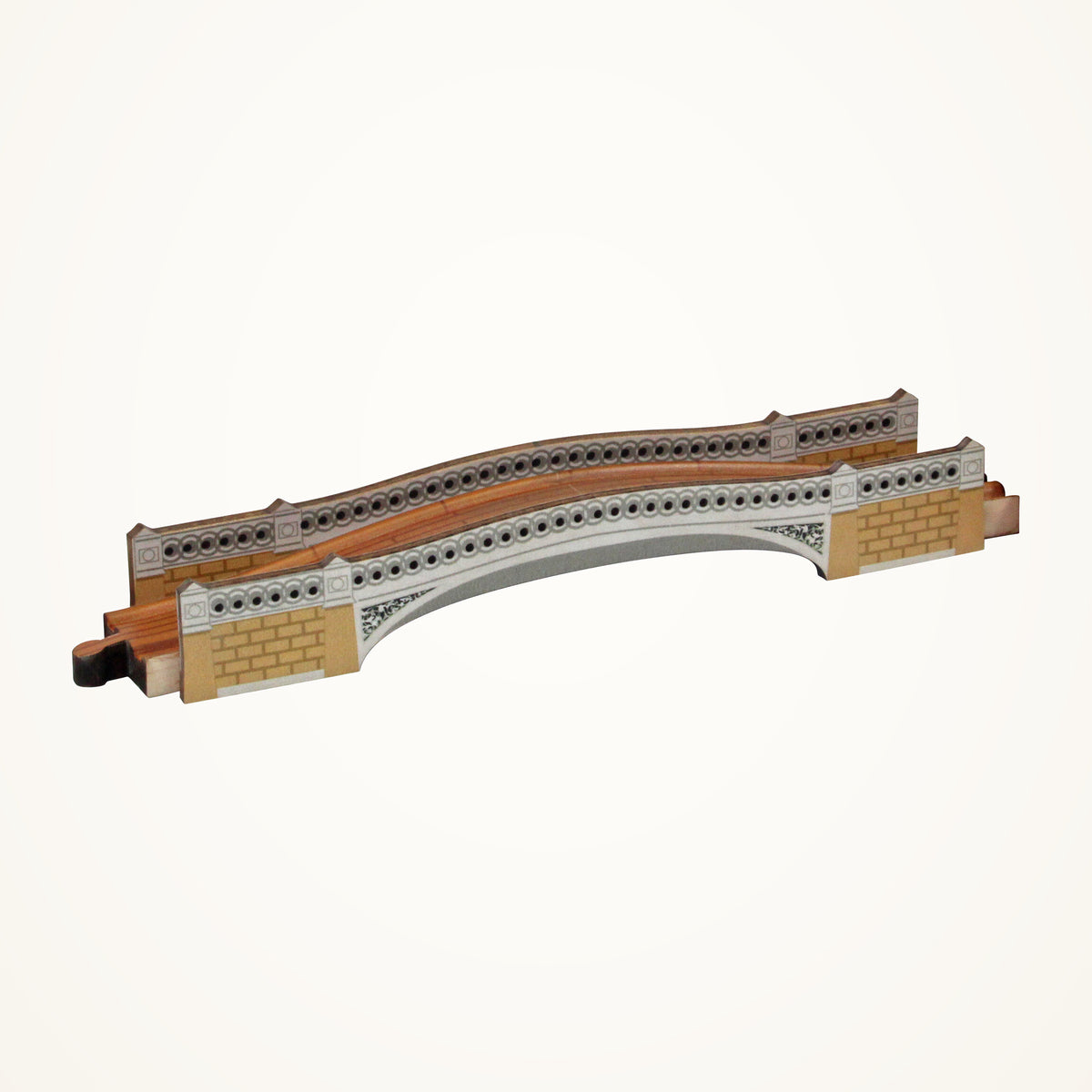 Maple Landmark NameTrains Bow Bridge Wooden Train Accessory photographed on a warm ivory background.