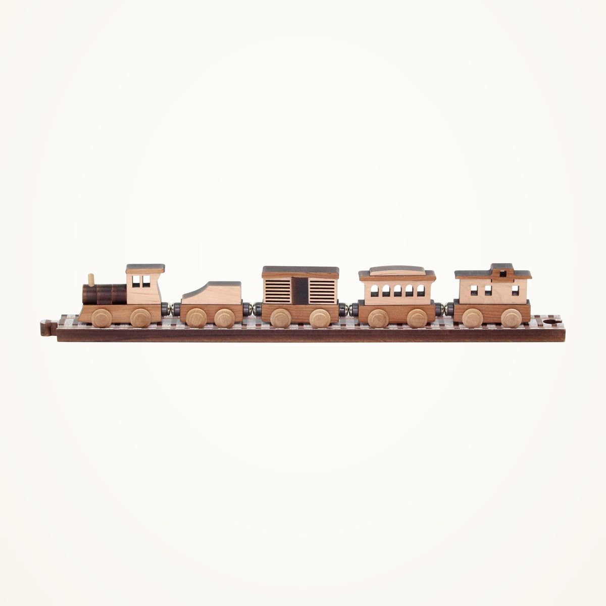 Maple Landmark NameTrains Old West Wooden Train Set, 5 Cars photographed on a warm ivory background.
