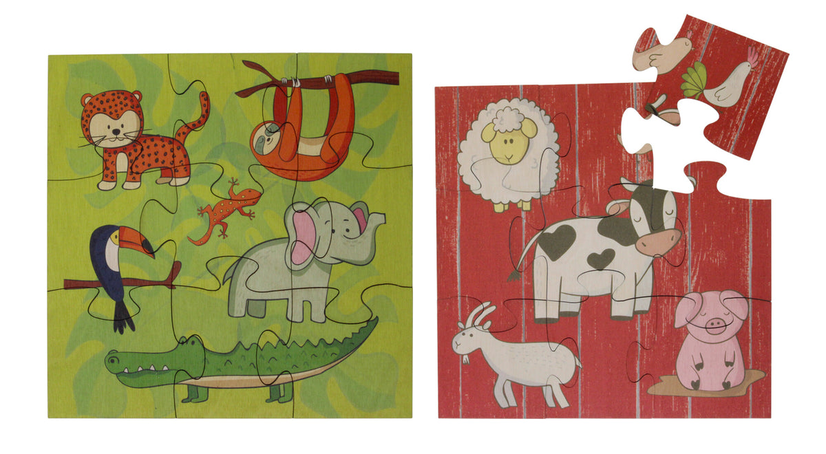 Maple Landmark Games To Go 2-Sided Animals Puzzle showing the jungle and farm scenes