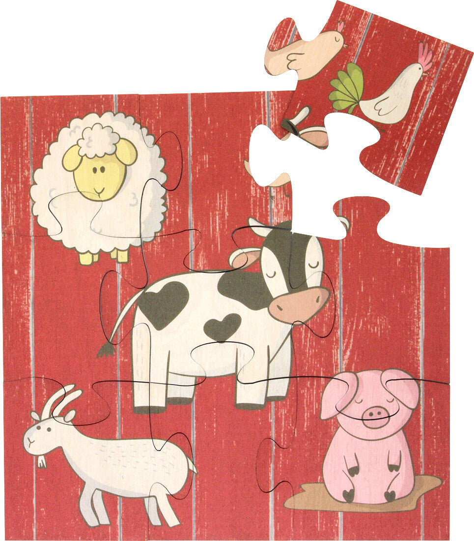 Farm-animal side of the Maple Landmark two-sided wooden puzzle with one piece removed