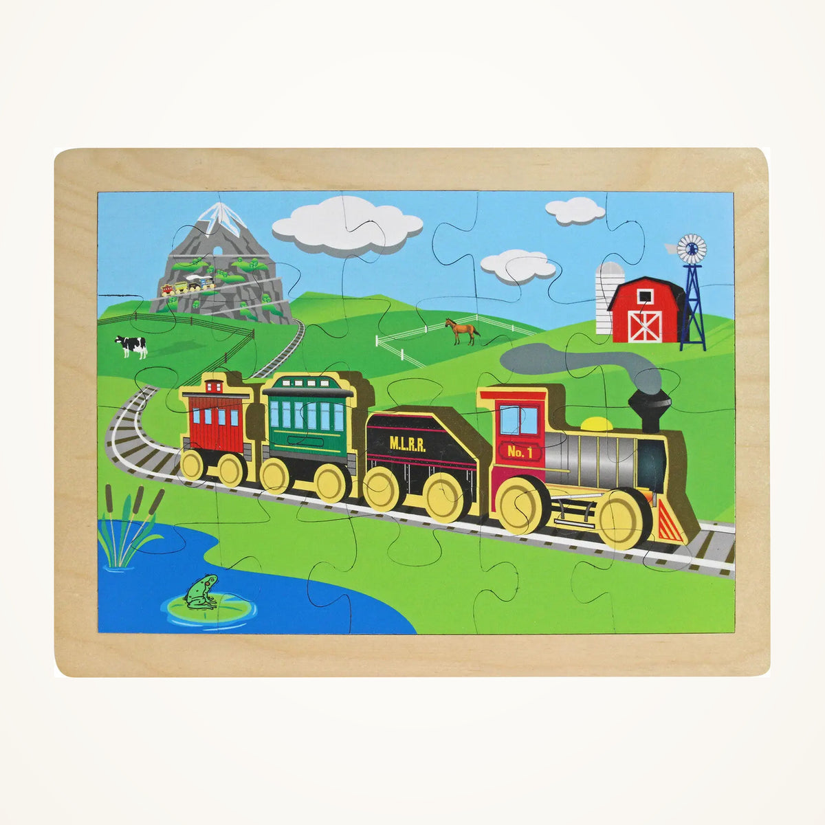 Maple Landmark Countryside Railroad Puzzle photographed on a warm ivory background.
