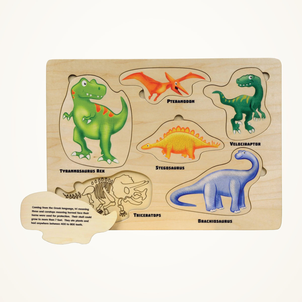 Maple Landmark Lift & Learn Dinosaurs Puzzle photographed on a warm ivory background.